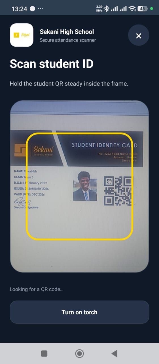 Sekani mobile app scanning a student ID QR code