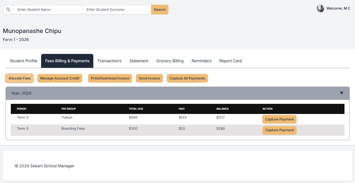 Sekani student fees account showing amounts due, payments and outstanding balances