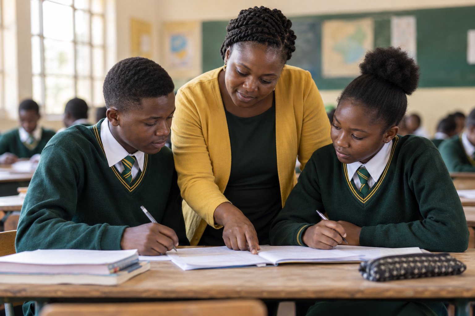 Teacher supporting students in a Zimbabwean classroom